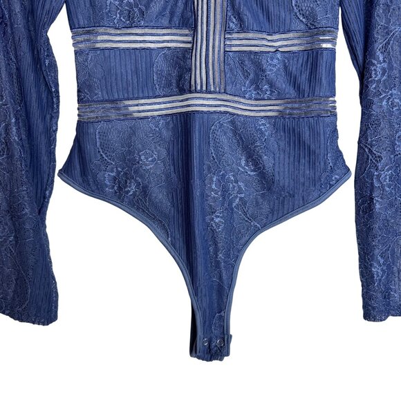 Naanaa Blue Lace Long Sleeve Backless Bodysuit Size Small Sheer Coquette - Picture 4 of 9